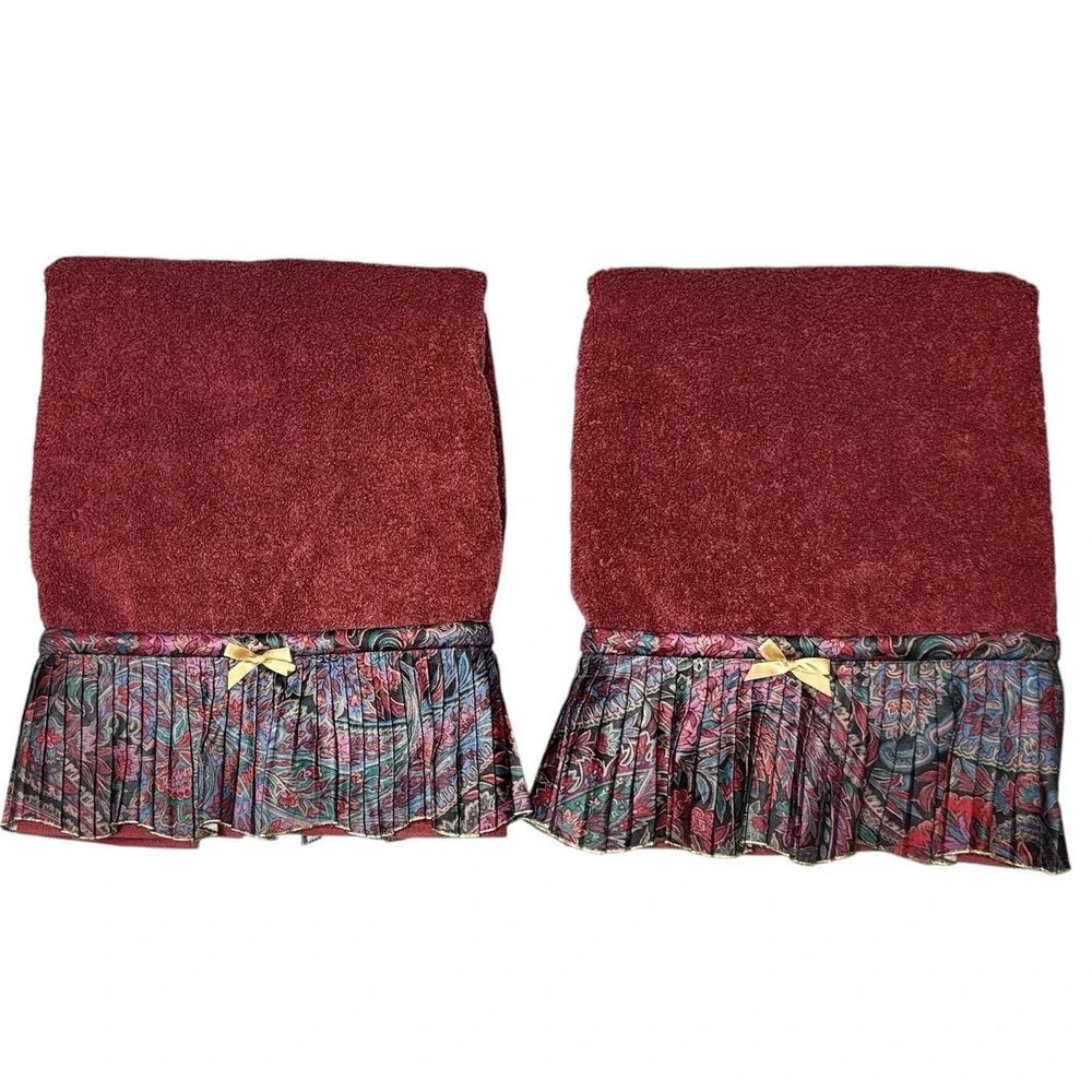 Martex Vtg Towel Set Pleated Paisley Burgundy Bath Hand Floral Cottage‎ 80s 90s
